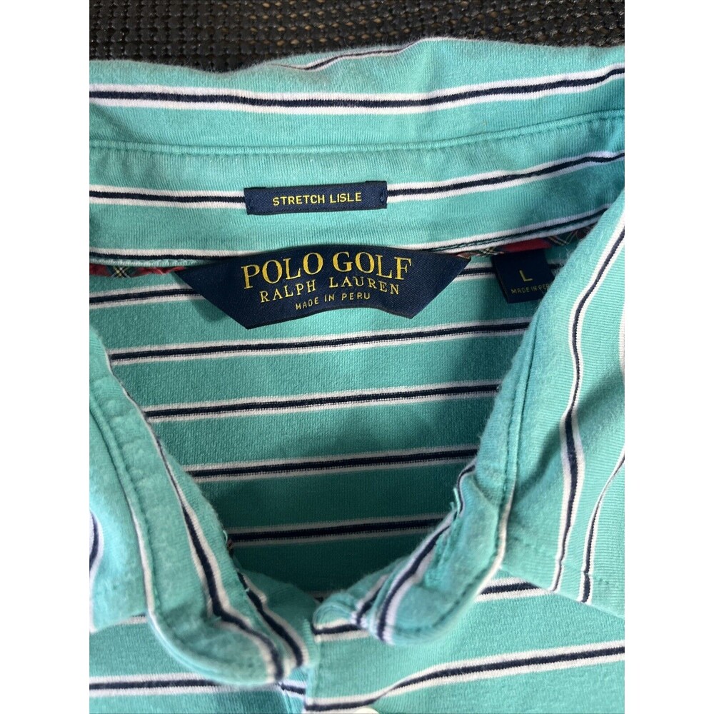 Polo Golf Ralph Lauren Shirt Mens Large Teal Striped Stretch Lisle Pocket Polo - Picture 2 of 8